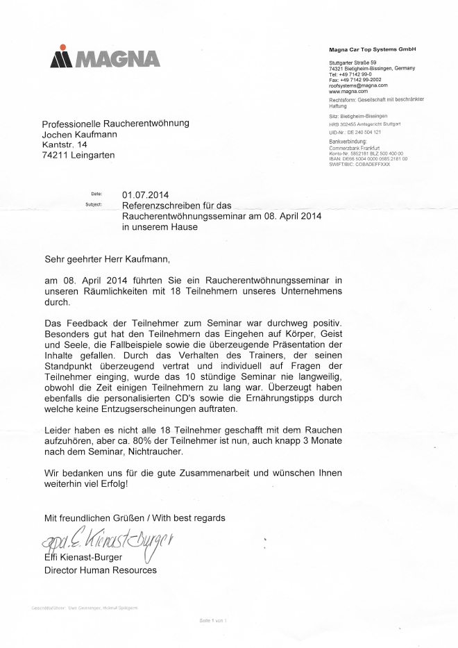 Raucherentwöhnung-Referenzschreiben