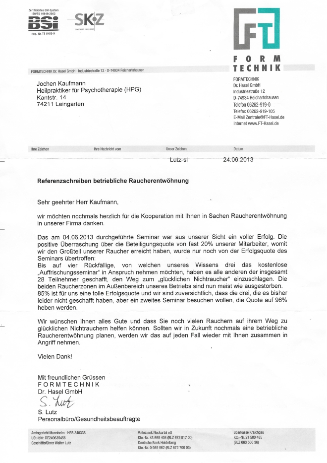 Raucherentwöhnung-Referenzschreiben