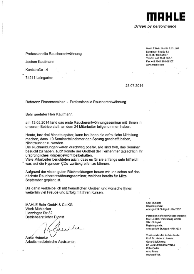 Raucherentwöhnung-Referenzschreiben Fa. Mahle