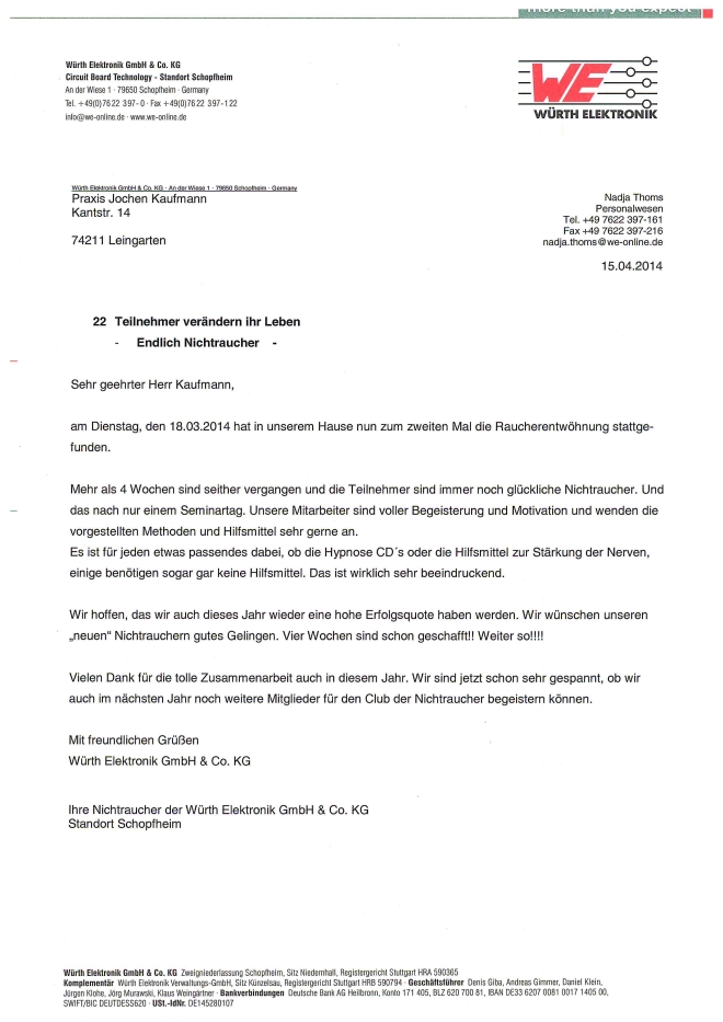 Raucherentwöhnung-Referenzschreiben Fa. Würth Elektronik