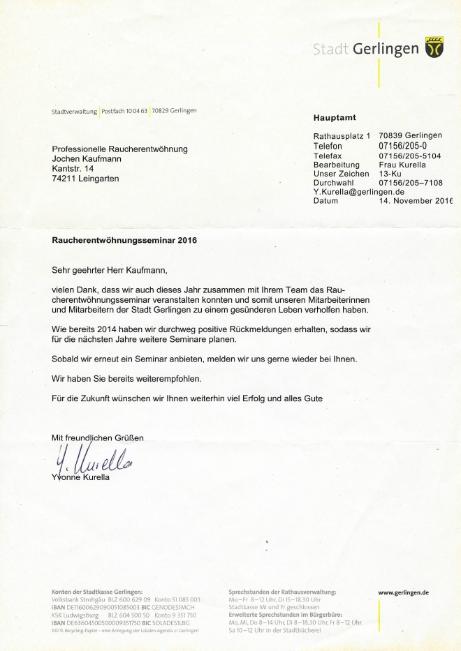 Raucherentwöhnung-Referenzschreiben