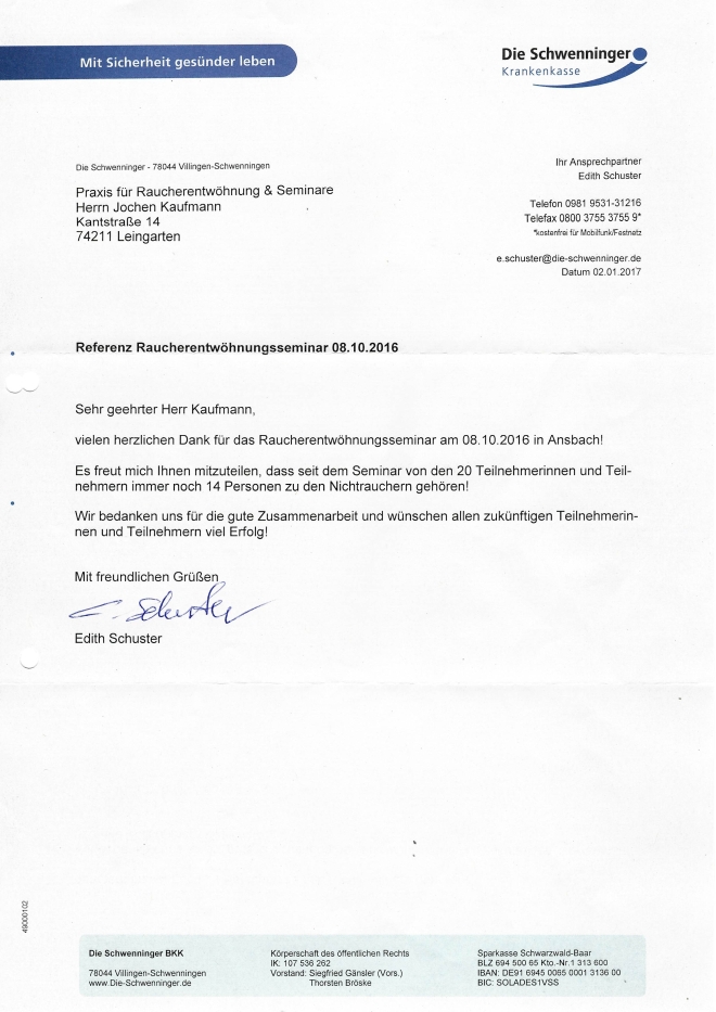 Raucherentwöhnung-Referenzschreiben