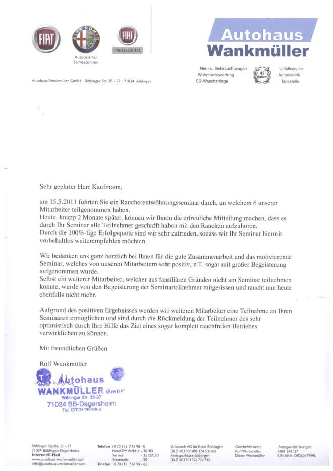 Raucherentwöhnung-Referenzschreiben Autohaus Wankmüller