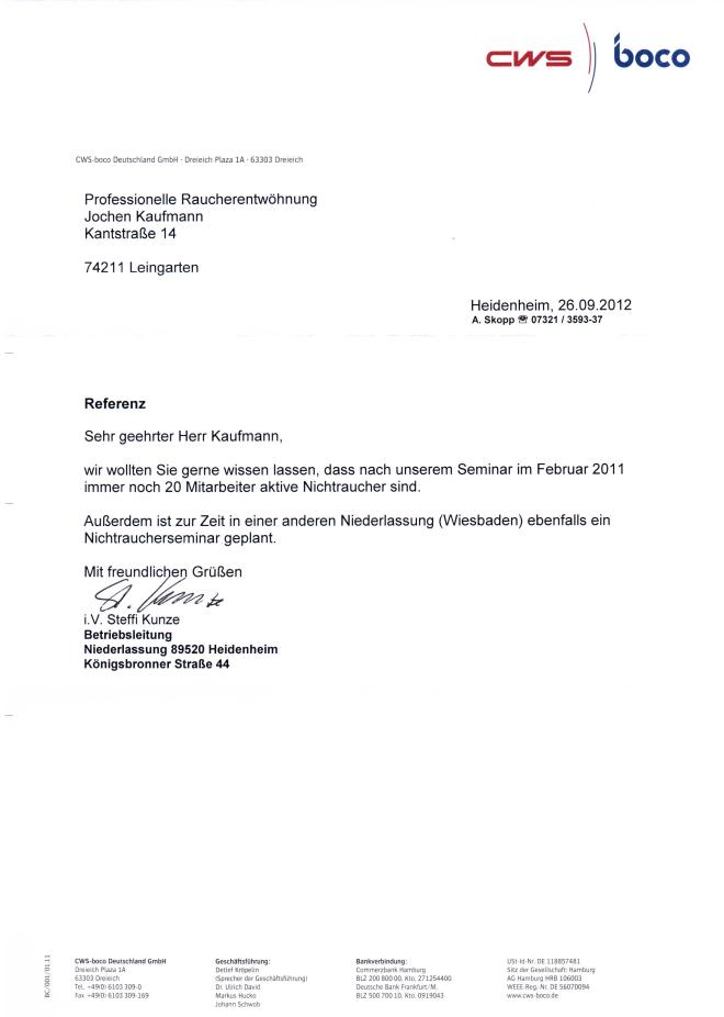 Raucherentwöhnung-Referenzschreiben CWS boco nach 1,5 Jahren