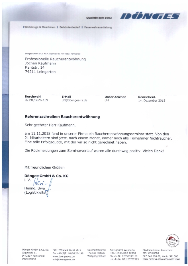 Raucherentwöhnung-Referenzschreiben Dönges