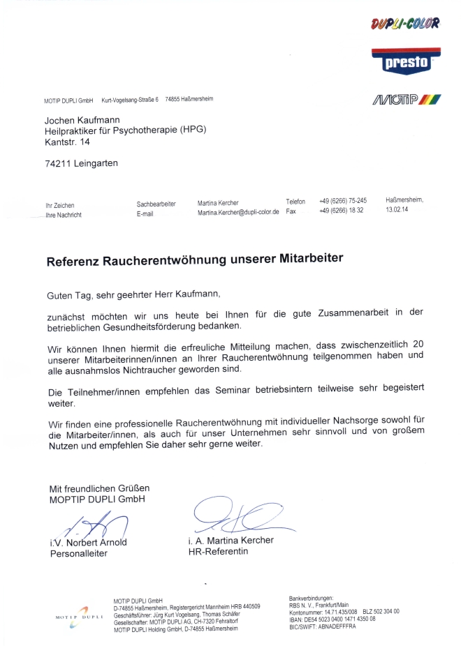 Raucherentwöhnung-Referenzschreiben Fa. Dupli Color