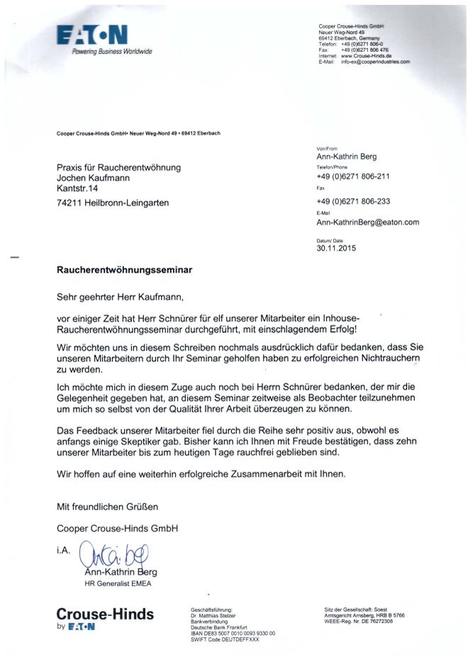 Raucherentwöhnung-Referenzschreiben Eaton