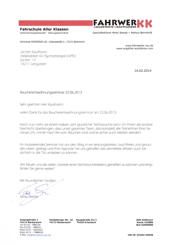 Raucherentwöhnung-Referenzschreiben Fa. Fahrwerkk