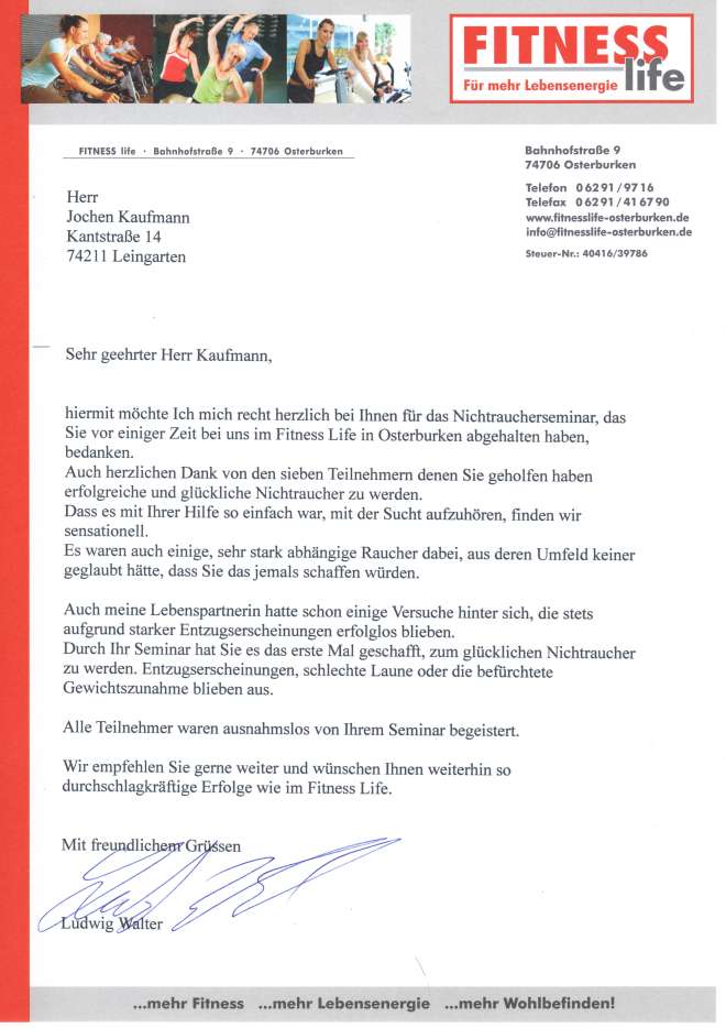 Raucherentwöhnung-Referenzschreiben Fitness life