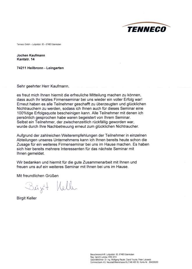 Raucherentwöhnung-Referenzschreiben Tenneco - Gillet zwei