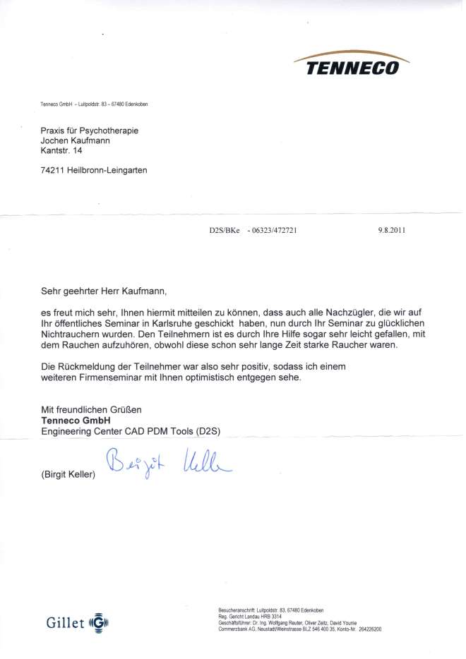 Raucherentwöhnung-Referenzschreiben Tenneco - Gillet drei