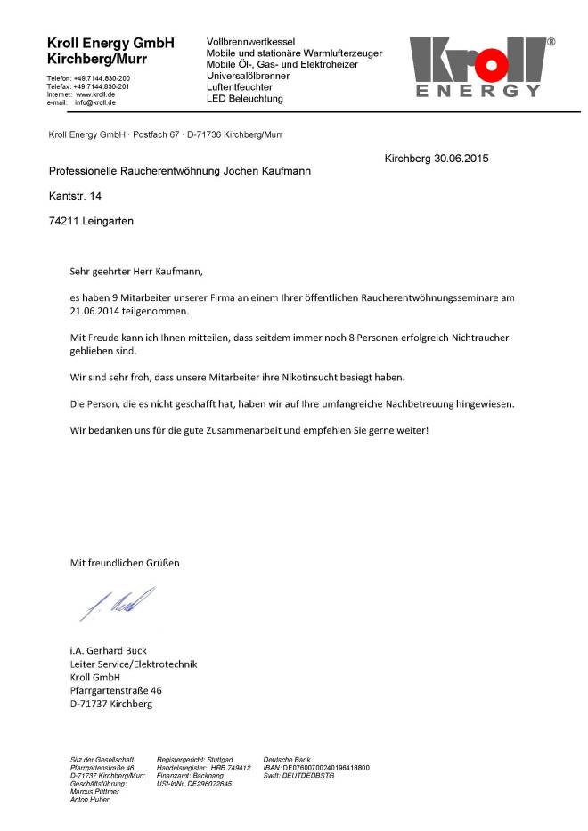 Raucherentwöhnung-Referenzschreiben Kroll Energy