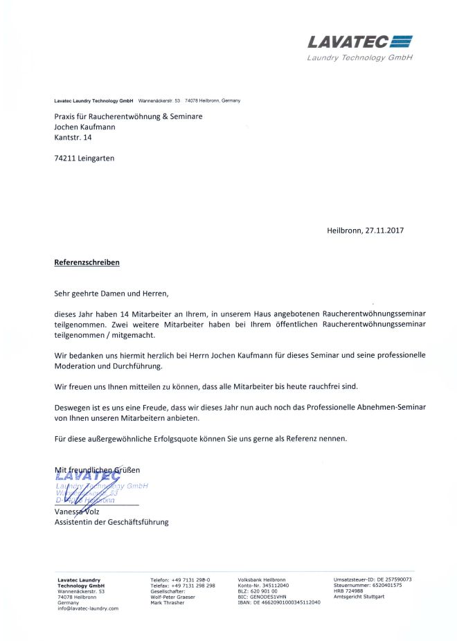 Raucherentwöhnung-Referenzschreiben Lavatec 2017
