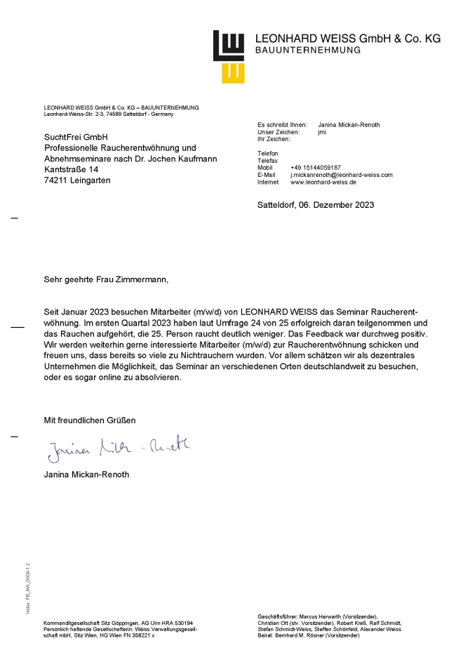 Raucherentwöhnung-Referenzschreiben Rewe Marc Strelow oHG