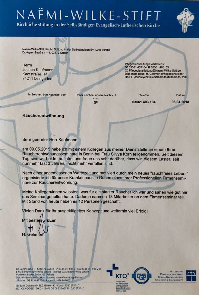 Raucherentwöhnung-Referenzschreiben NAEMI WILKE STIFT