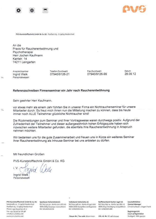 Raucherentwöhnung-Referenzschreiben pvs-Kunststofftechnik