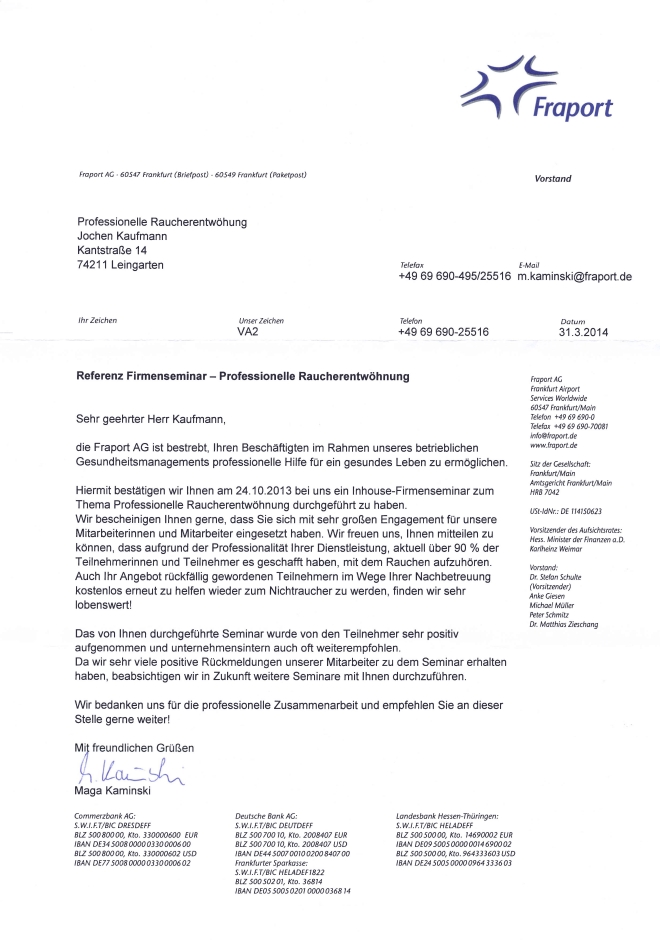 Raucherentwöhnung-Referenzschreiben Fraport