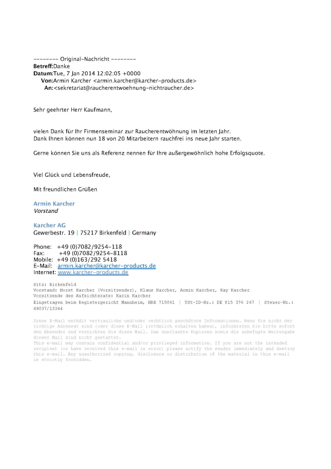 Raucherentwöhnung-Referenzschreiben Karcher Firmenseminar