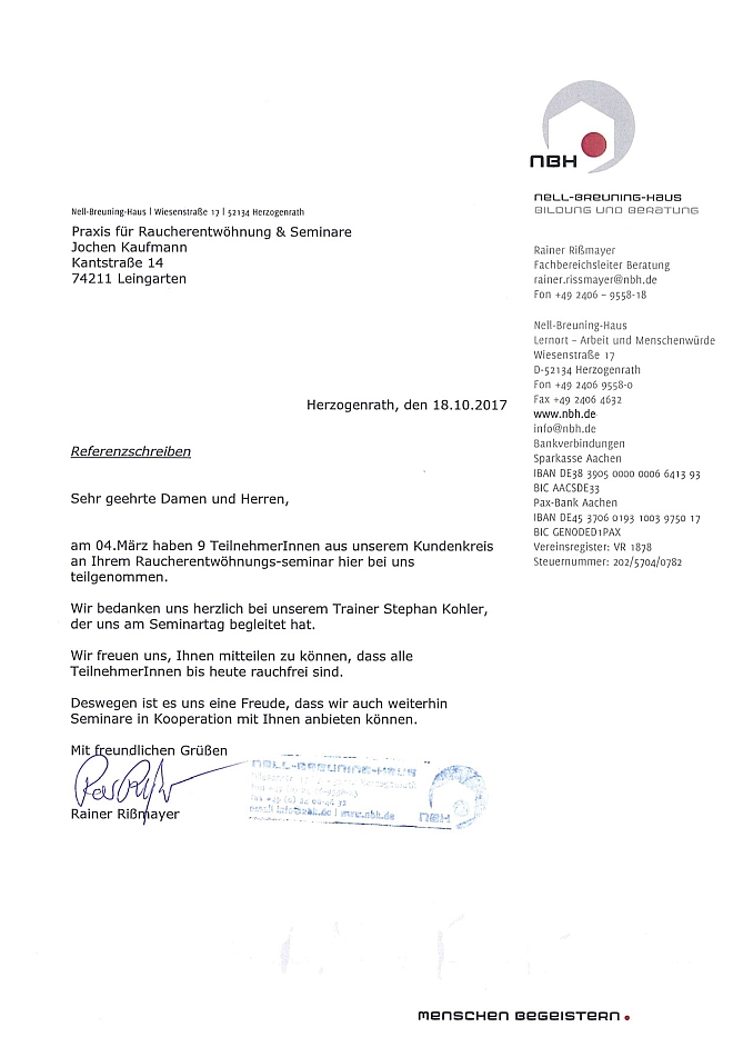 Raucherentwöhnung-Referenzschreiben Nell Breuning Haus 2017