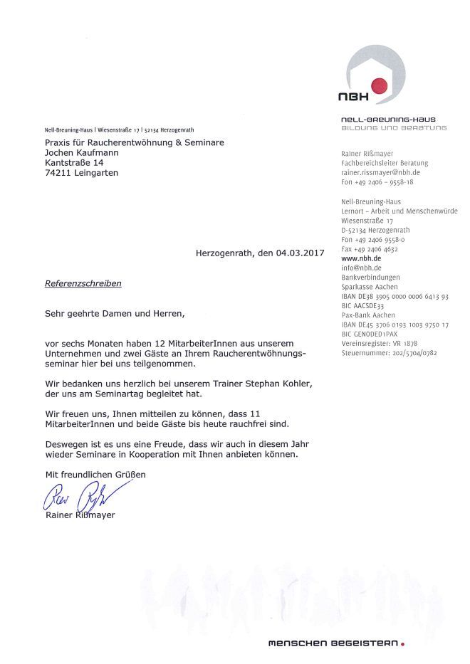 Raucherentwöhnung-Referenzschreiben Nell-Breuning-Haus