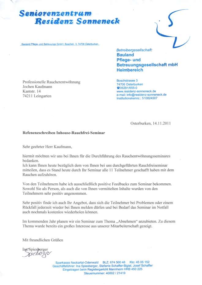 Raucherentwöhnung-Referenzschreiben Residenz Sonneneck