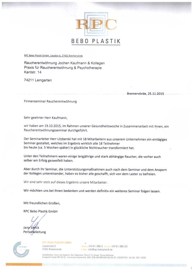 Raucherentwöhnung-Referenzschreiben RPC Bebo Plastik