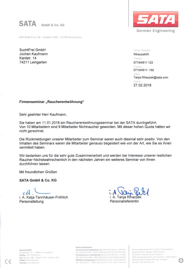 Raucherentwöhnung-Referenzschreiben SATA 2018