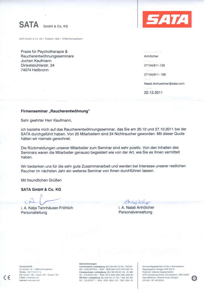 Raucherentwöhnung-Referenzschreiben sata