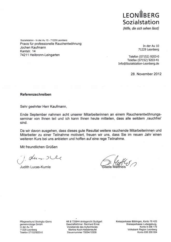 Raucherentwöhnung-Referenzschreiben Leonberg Sozialstation