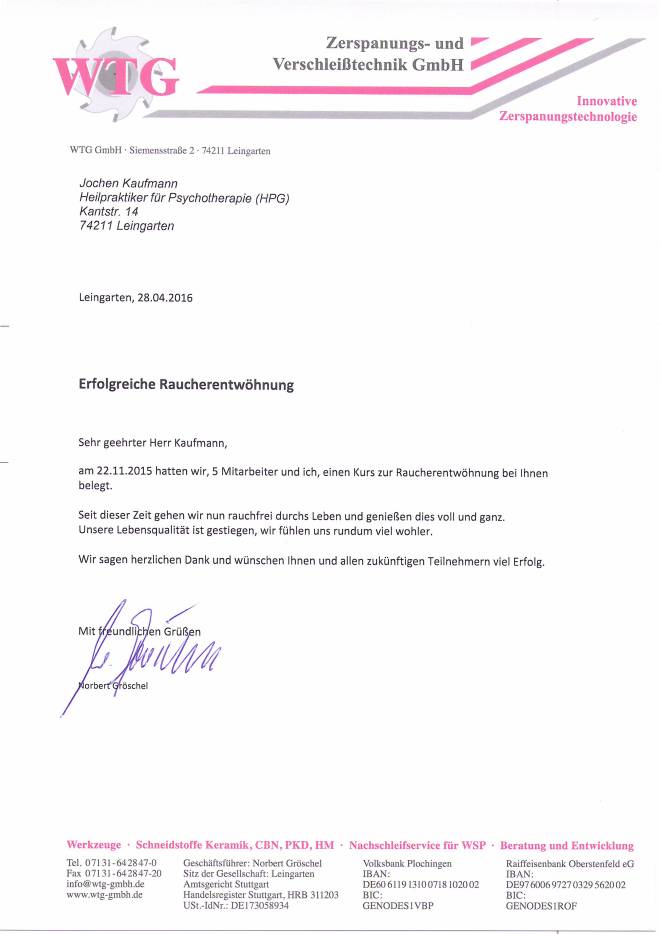 Raucherentwöhnung-Referenzschreiben WTG Zerspanungs- und Verschleißtechnik GmbH
